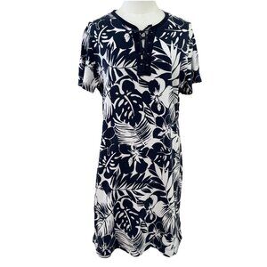 Chaps Women’s Short Sleeve Shirt Dress Size 1X Navy Grommet Tie Front Tropical